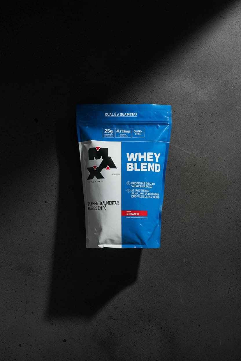  MAX Titanium Whey Blend Morango Strawberry protein powder jar, high-quality whey supplement for muscle recovery and growth.