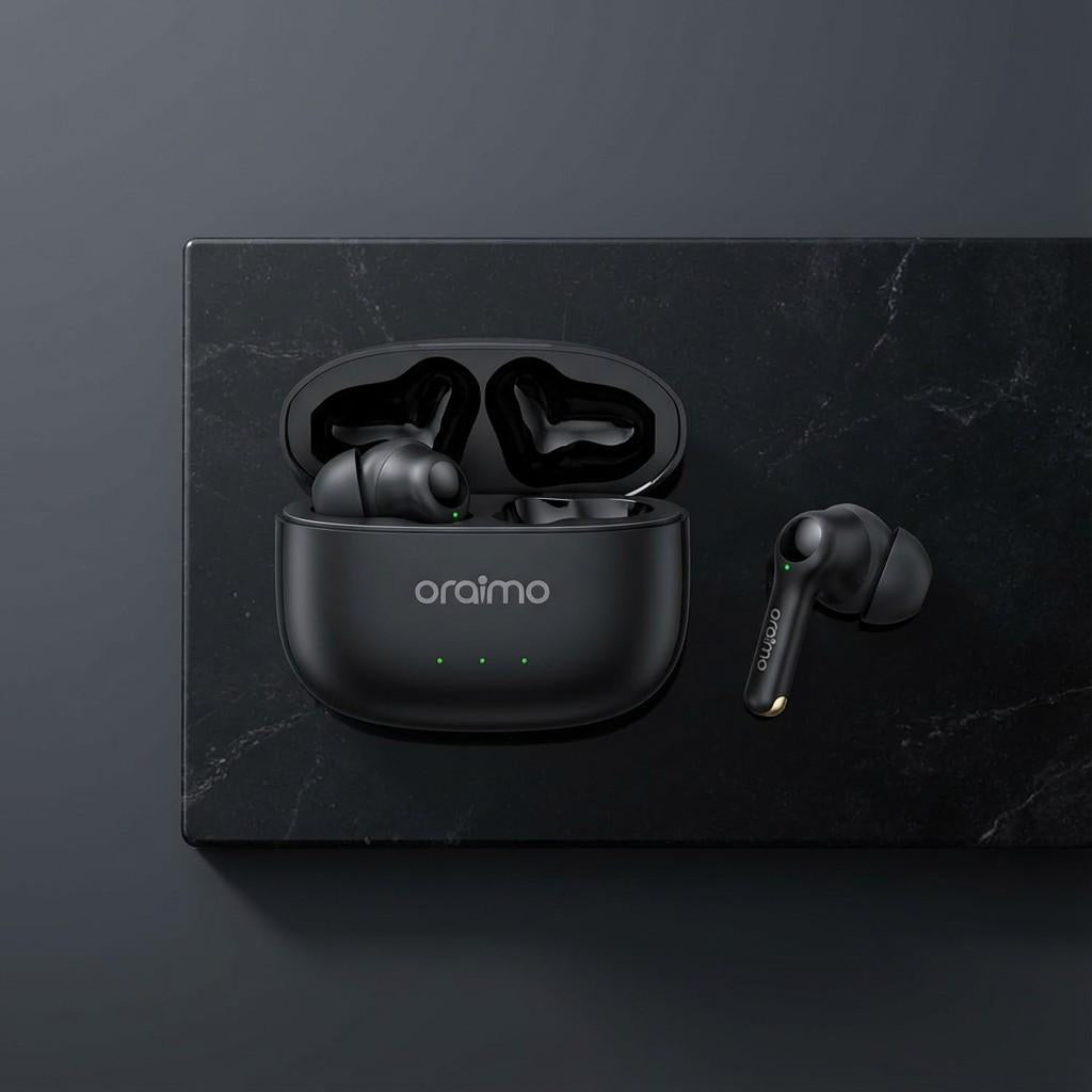  Oraimo original wireless earbuds with charging case, Bluetooth earphones offering clear sound and deep bass.