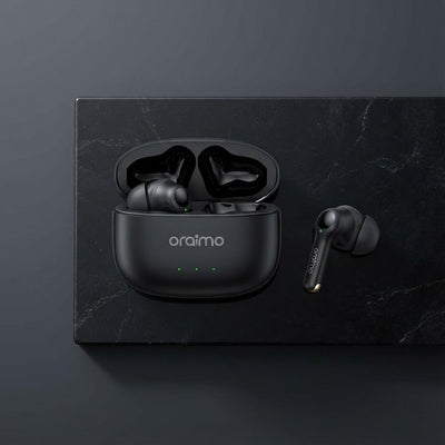  Oraimo original wireless earbuds with charging case, Bluetooth earphones offering clear sound and deep bass.