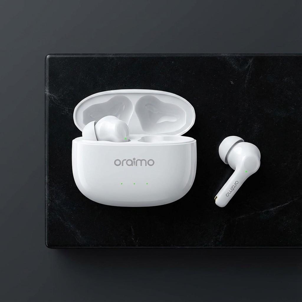 Oraimo original white wireless earbuds set in sleek black design, portable charging case and touch control feature.