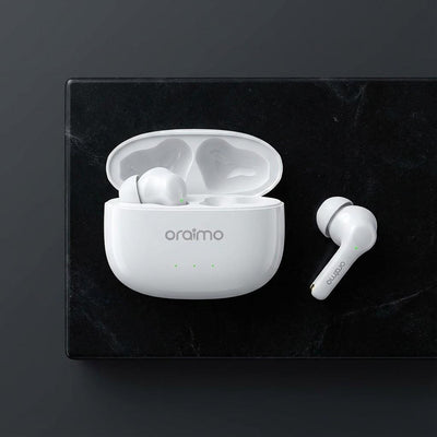 Oraimo original white wireless earbuds set in sleek black design, portable charging case and touch control feature.